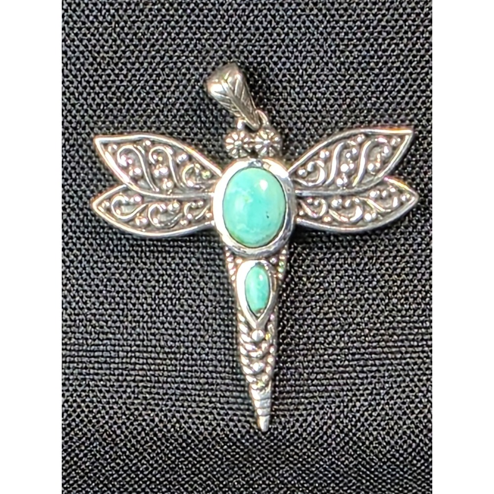 D'Joy 925 Sterling Silver Turquoise Dragonfly Pendant Artisan Scrollwork Design
